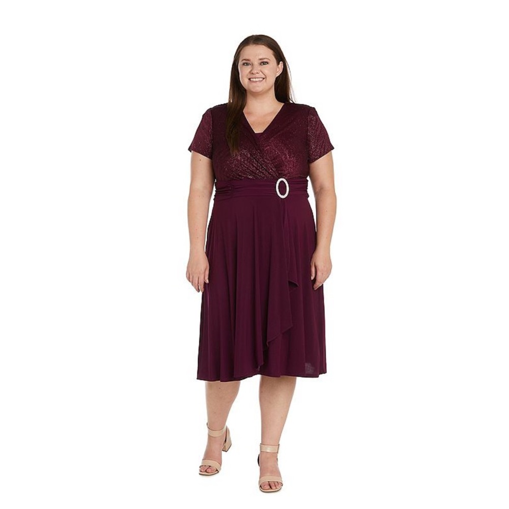 NWT R&M Richards Plum Faux-Wrap Midi Dress with Decorative Buckle